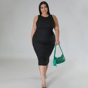 Plus size casual sleeveless solid color midi dress, sleek ribbed knit design for daily wear.