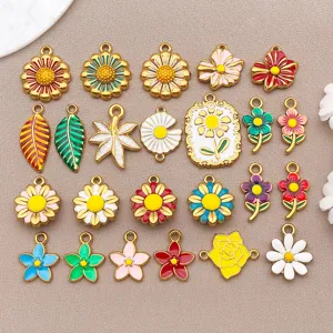 Stainless Steel Colorful Flower Leaf Pendants Drip Oil Enamel Daisy Rose Sunflower Charms For DIY Jewelry Making Accessories