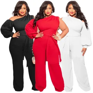 Tuta donna elegante taglie forti monospalla manica a lanterna pantaloni lunghi larghi neri rossi