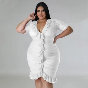 Plus size white sexy v-neck ruffle mesh dress for women, elegant party short mini dress.