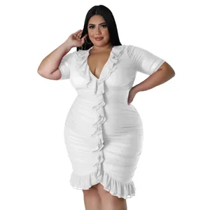 Plus size white v-neck short sleeve ruffle bodycon dress for women party clubwear fashion.