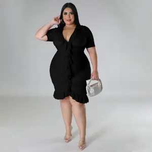 Plus size black ruffle v-neck short sleeve dress elegant evening party wear for women