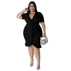 Plus size black V-neck ruffle dress for women, elegant party short sleeve midi dress.