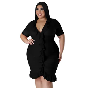 Plus size black v-neck dress with ruffles, elegant and sexy midi dress for women.