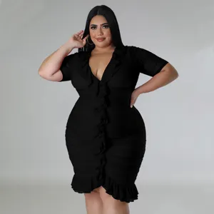Plus size black mesh ruffle dress detailed view, featuring sheer layers and elegant deep V-neck.