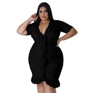 Plus size black ruffle V-neck dress, elegant mesh layered midi dress for women fashion.