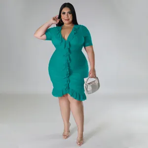 Plus size green ruffle midi dress for women sexy short sleeve elegant summer party wear