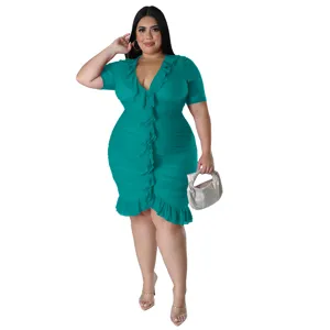 Plus size green V-neck ruffle dress detail view, elegant party short dress for women