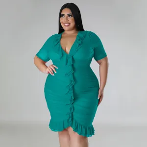 Plus size women's ruffle V-neck dress, short sleeve teal party dress for summer.