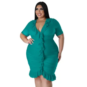 Stunning green mesh plus-size dress featuring double layered ruffles and v-neck design.