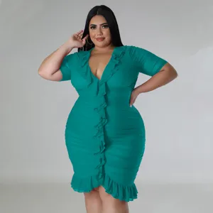 Plus size teal mesh ruffle V-neck dress, sexy double layer party cocktail midi dress.