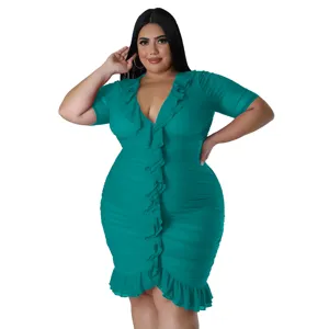 Plus size green ruffle mesh dress, sexy V-neck short sleeve dress for women detail view