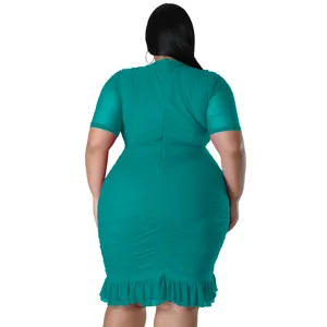 Green mesh ruffled dress detail back view plus size women fashion sexy summer apparel