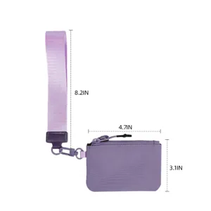 Macaron purple wristlet coin purse, portable mini canvas wallet with key ring and strap.