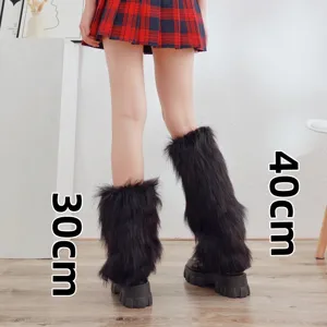 Winter fluffy faux fur leg warmers black cozy boot covers warm fuzzy leg sleeves 40cm