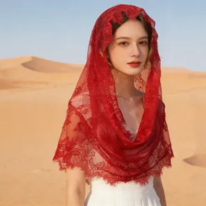 Red lace bridal veil headpiece, vintage floralmantilla for photography and wedding styling.
