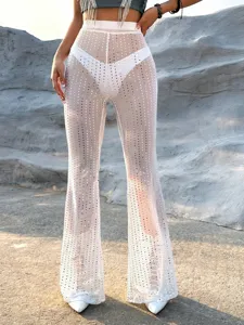 Sexy white mesh rhinestone flare pants, high waisted sparkly clubwear trousers for women.