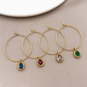 Gold stainless steel hoop earrings featuring colorful teardrop gemstone pendants for jewelry DIY.