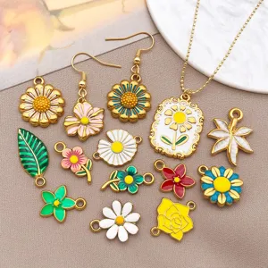 Stainless steel colorful enamel flower daisy sunflower leaf charm pendant DIY jewelry making