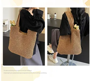 Large capacity straw woven shoulder bag casual summer beach vacation tote bag for women