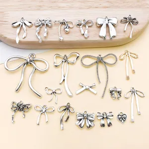 Mixed Antique Silver Zinc Alloy Bowknot Charms Hollow Ribbon Pendant For DIY Bracelet Keychain Jewelry Making Findings