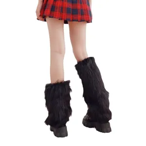 Black faux fur leg warmers for women winter cute y2k plush boot cuffs warm fuzzy leg covers