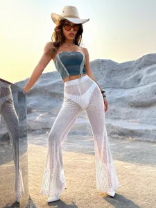 Sheer rhinestone flare pants sexy high waist mesh trousers hot girl night club stage outfit