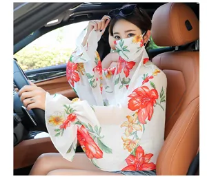 Women sun protection shawl sleeves ice silk driving UV protection floral breathable set.