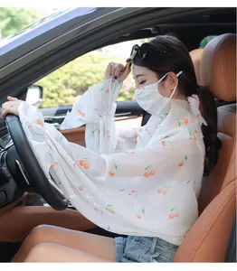 Sun protection shawl sleeves detail showing cherry print face mask and arm cover for driving.