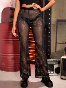 Women high waist mesh rhinestone flared pants sexy sheer nightclub festival trousers