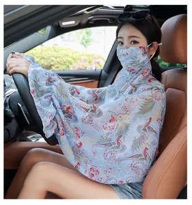 Ice silk sun protection shawl with integrated face mask and sleeves for driving details.