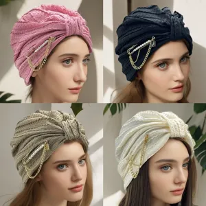 Vrouwen Winter Warm Acryl Gebreid Hoofdband Kruis Turban Hoed met Parel Ketting Broche