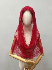 Red lace veil mantilla, vintage bridal headpiece, elegant floral lace design for photo.