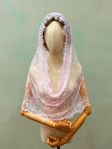 Light pink lace veil bridal mantilla vintage wedding hair accessory for retro photo shoot styling