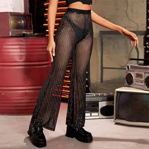 Sexy high waist sheer mesh rhinestone flare pants for women, perfect for club and party night.