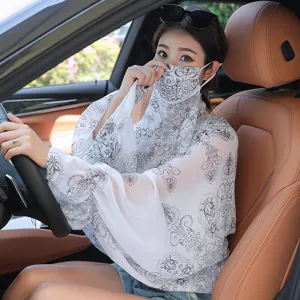 Women Sun Protection Shawl Ice Silk Driving Anti UV Face Mask Long Sleeve Arm Covers Printed Floral Shawls