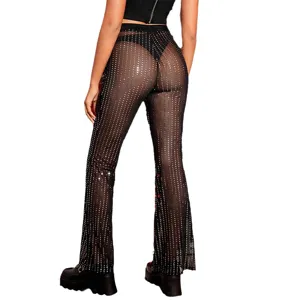 Sexy mesh rhinestone flare pants for women, high waist sparkling nightclub trousers for party.