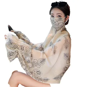 Women sun protection shawl mask sleeves ice silk UV proof driving outdoor thin cover shawl