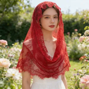Retro red lace veil for bridal photography, elegant floral lace headpiece for wedding style.