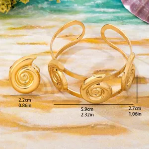 Impresionante pulsera brazalete de concha dorada y juego de anillo a juego para playa.