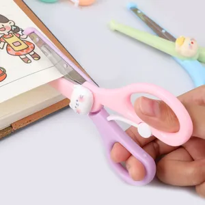 Cute cartoon children safety scissors detail shot, perfect for DIY crafts and stationery.