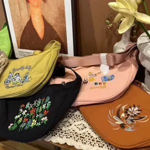 Women Fashion Nylon Crossbody Bag Cute Cartoon Animal Floral Embroidery Dumpling Bag Casual Travel Shoulder Bag