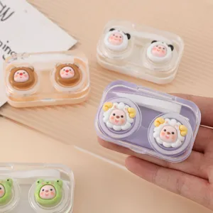 Estuche de Lentes de Contacto Transparente Portátil Lindo Diseño de Animales de Dibujos Animados Caja Doble Soporte Kit de Viaje