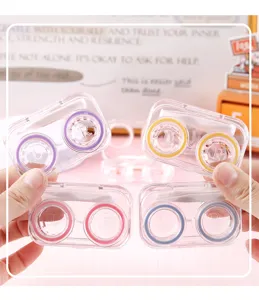 Transparent contact lens case detail showcasing colorful rims, clear L and R markings inside.