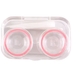Transparent contact lens case portable companion storage box with pink rings L R markings