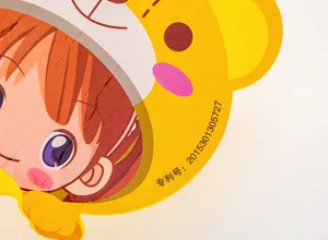 Cute cartoon animal student fan pen detail close up, colorful printed stationery view.