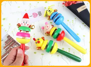 Wooden cartoon animal baby rattle detail view, colorful early education sensory toy for infants.