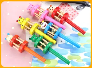 Wooden baby rattle toy with cartoon animal puppet design, safe infant grasping rattle.
