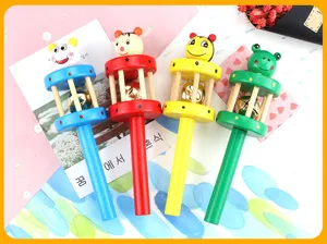 Wooden baby rattle set with colorful cartoon animal heads and clear bell sound for infant play.