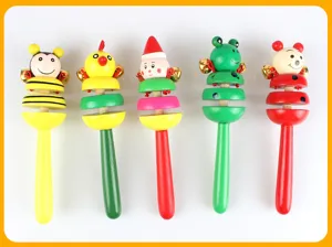 Wooden cartoon animal baby rattle, early educational sensory toy product detail view.